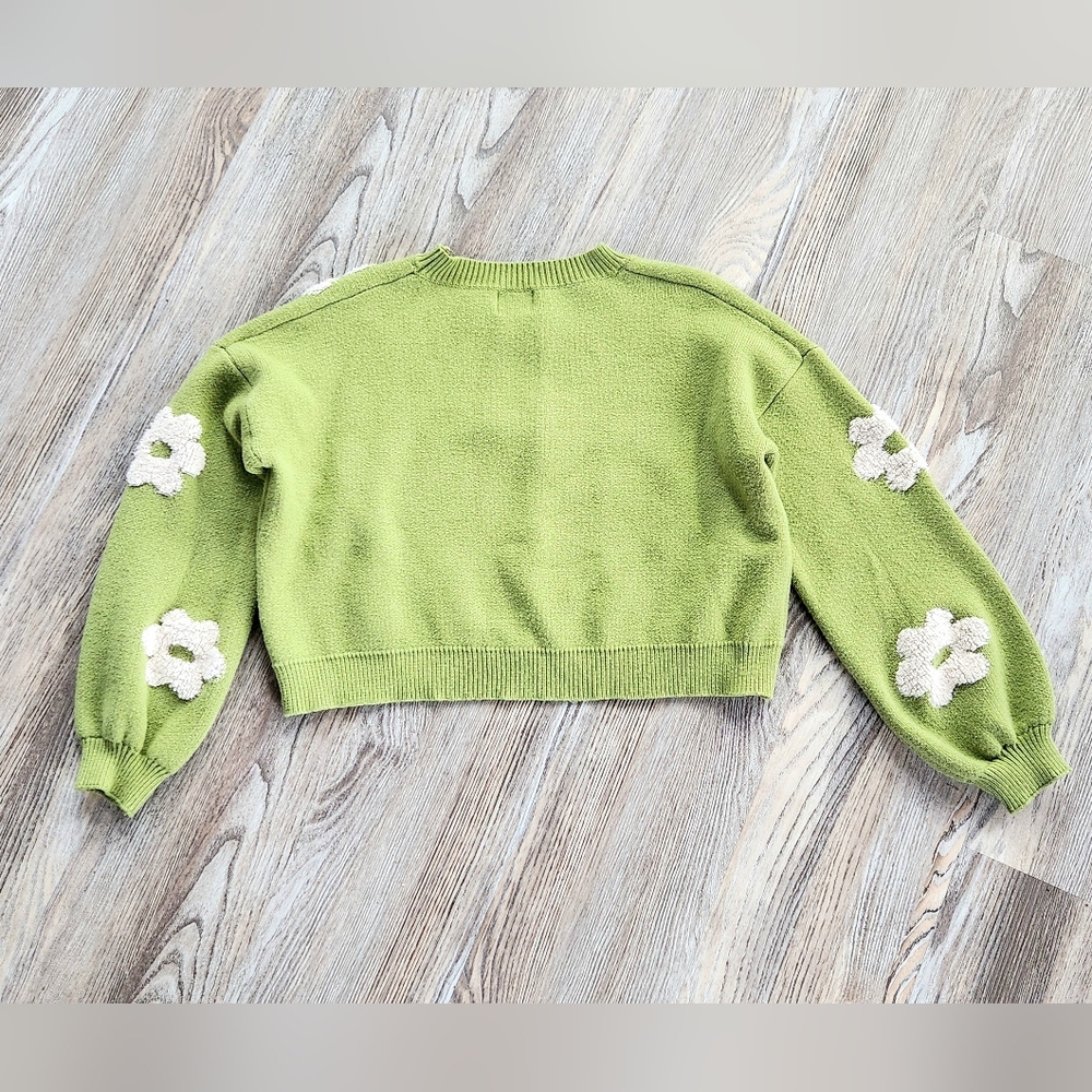 Luna Ivy Lime 3D Ivory Daisy Cropped Sweater Womens L Long Sleeve Retro Crew - Picture 7 of 13